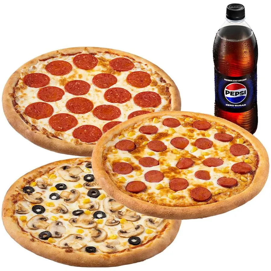 3 Adet Orta Boy Pizza + Litrelik İçecek